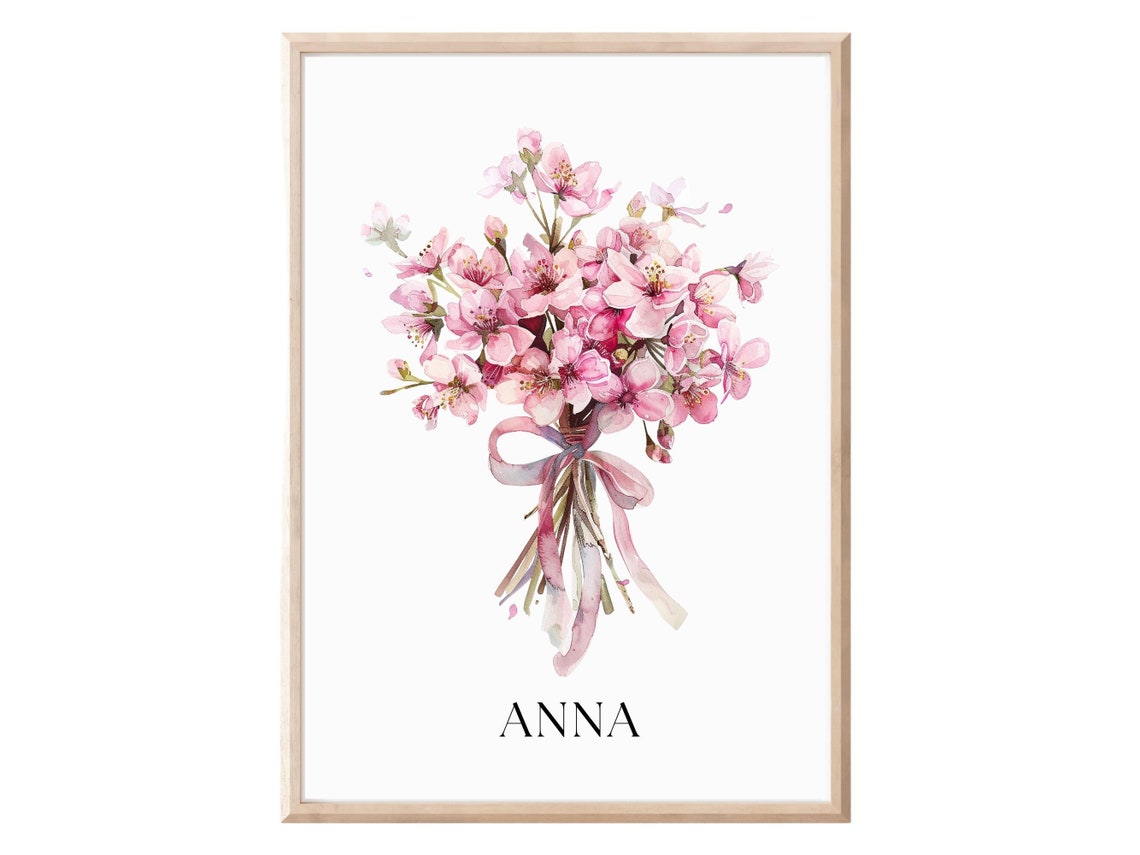 Personalized Anna Name Pink Cherry Blossom Bouquet Ribbon Poster