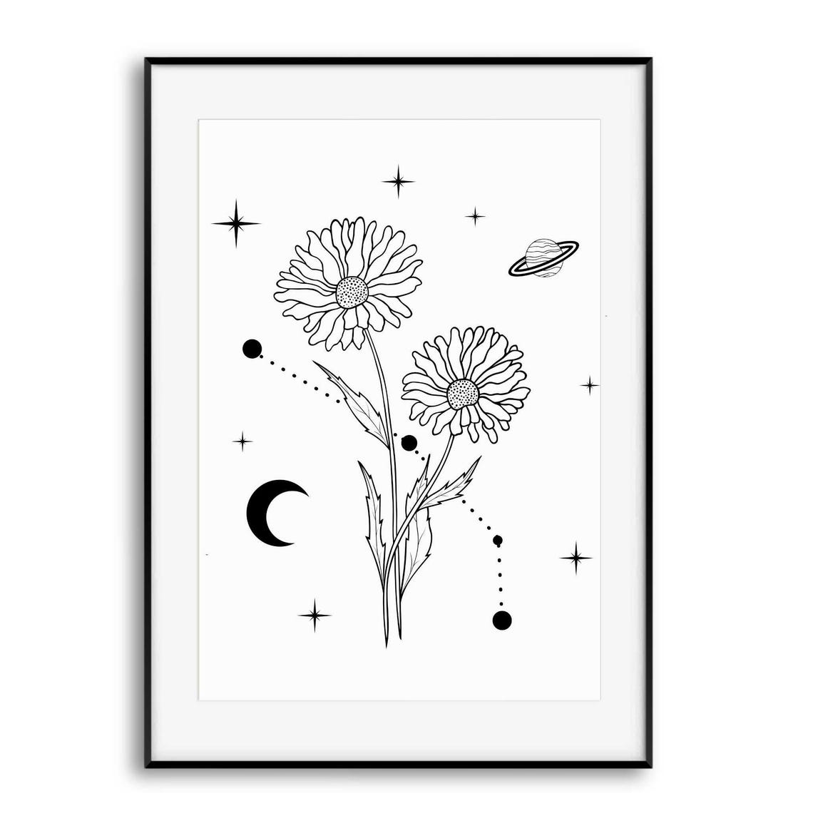 Black Line Art Daisy Flowers Moon Stars Saturn Celestial Poster