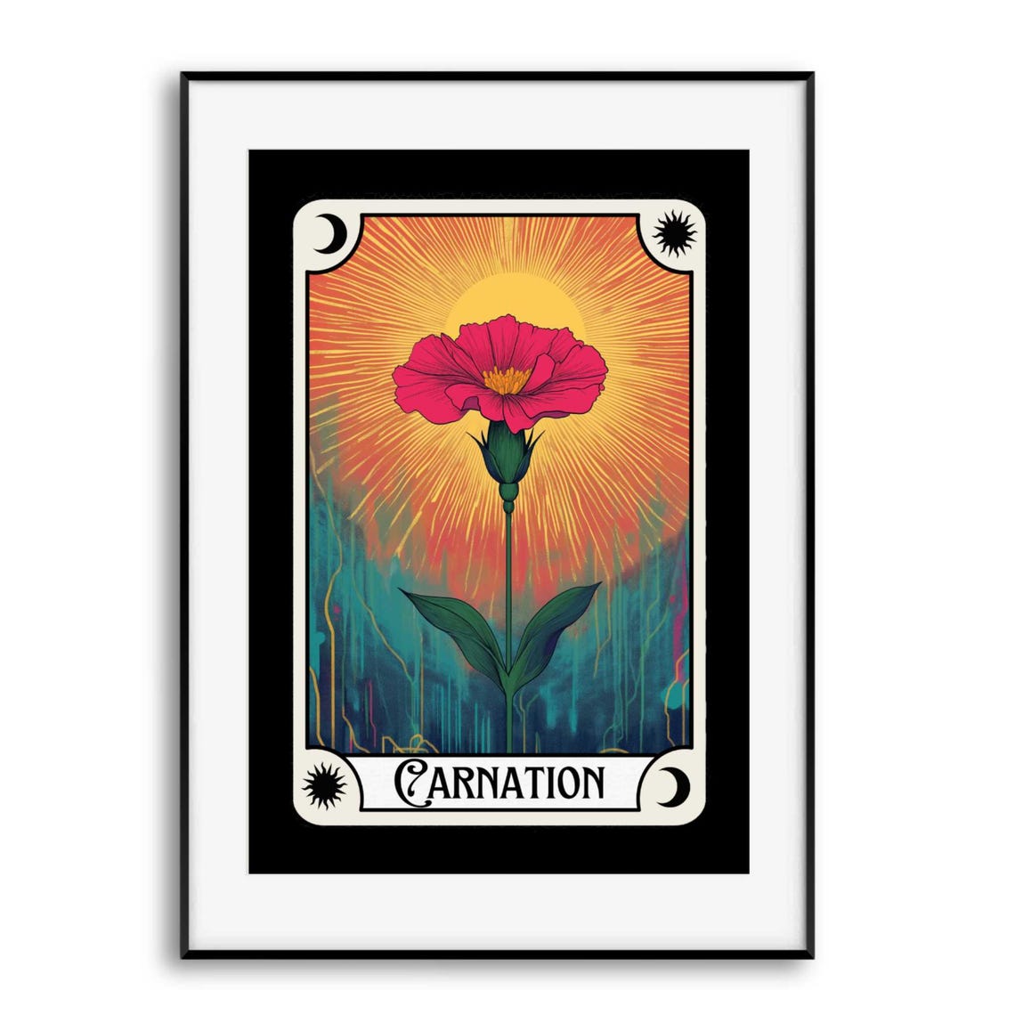 Carnation Tarot Style Psychedelic Floral Art Poster in Sunburst