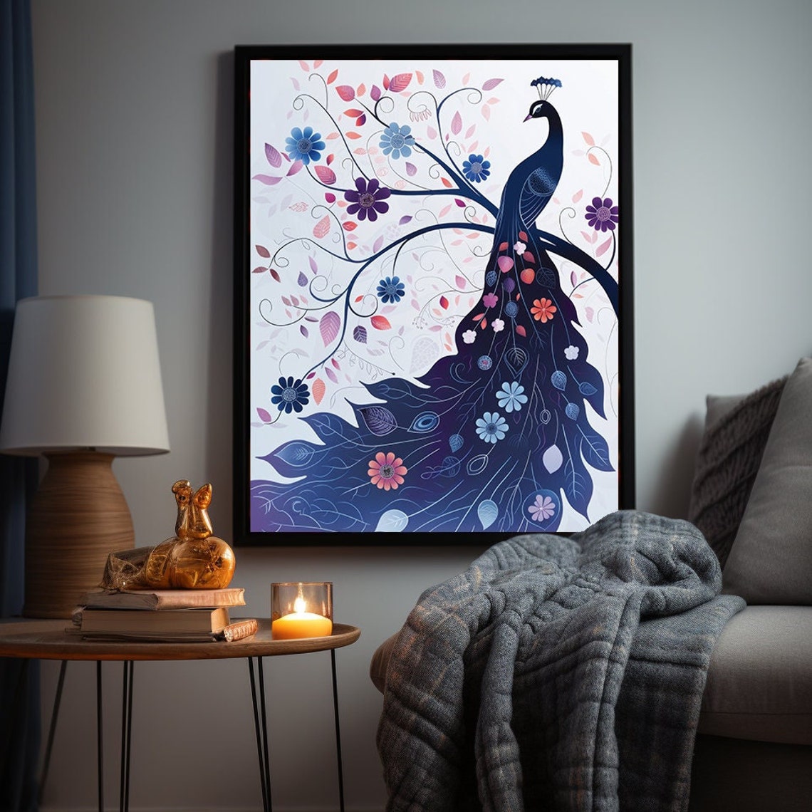 Indigo Peacock Silhouette Wrapped in Swirling Floral Vines Poster - Image 7
