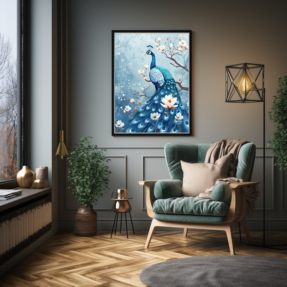 Blue Peacock Perched Among White Blossoms on a Winter Branch Poster - Image 4