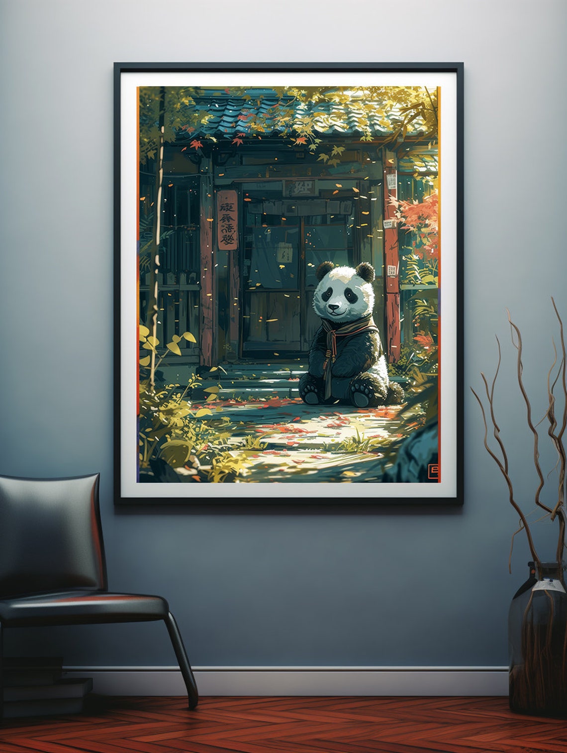 Cute Panda Cub Resting at a Japanese Temple Gate in Autumn Poster - Image 5