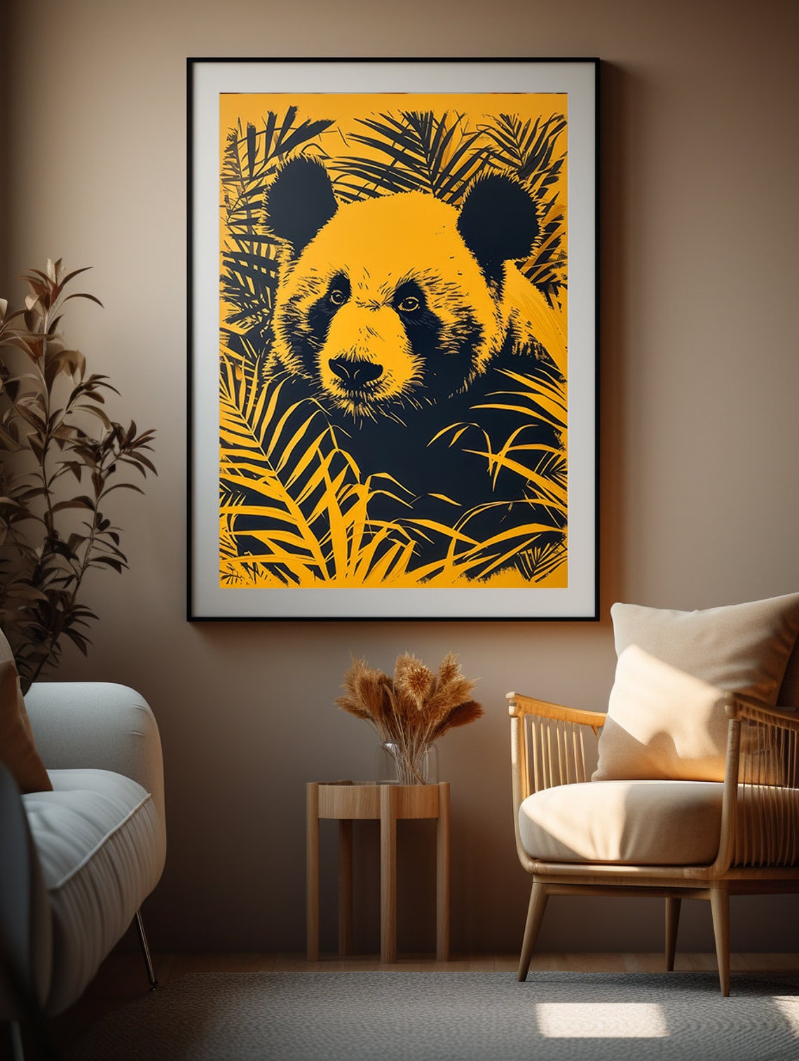 Bold Yellow and Black Pop Art Panda Head in Tropical Leaves Poster - Image 6