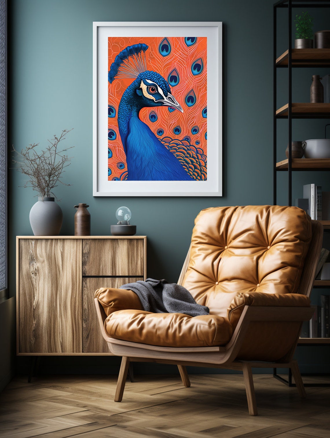 Vibrant Blue Peacock Head on a Fiery Orange Background Poster - Image 5