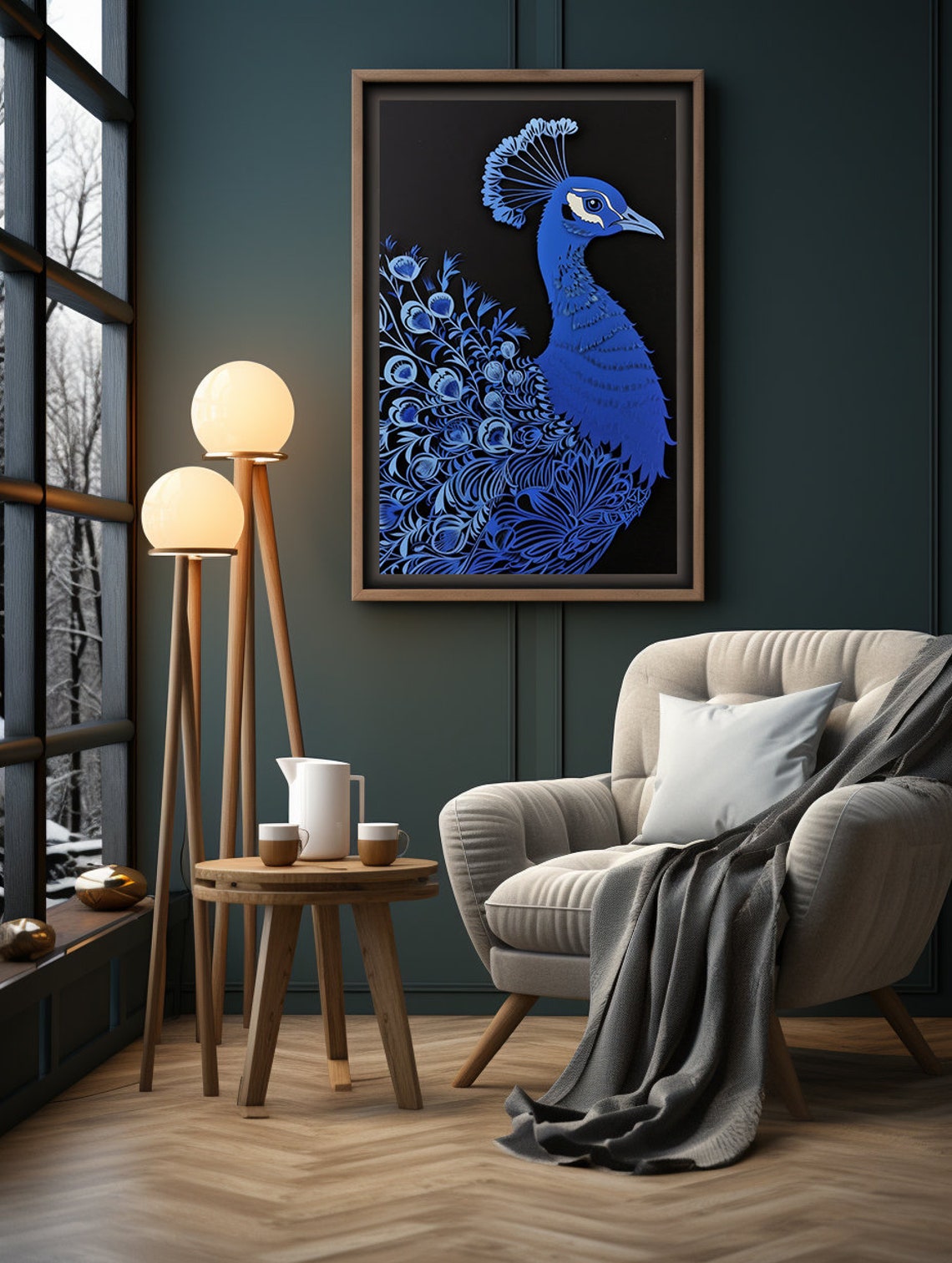 Royal Blue Peacock in Intricate Paper Cut Silhouette on Black Poster - Image 4