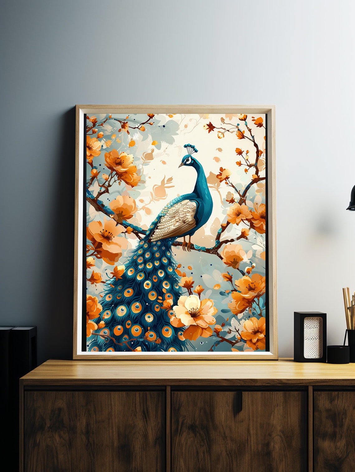 Blue Peacock Surrounded by Amber Blossoms on a Golden Branch Poster - Image 3