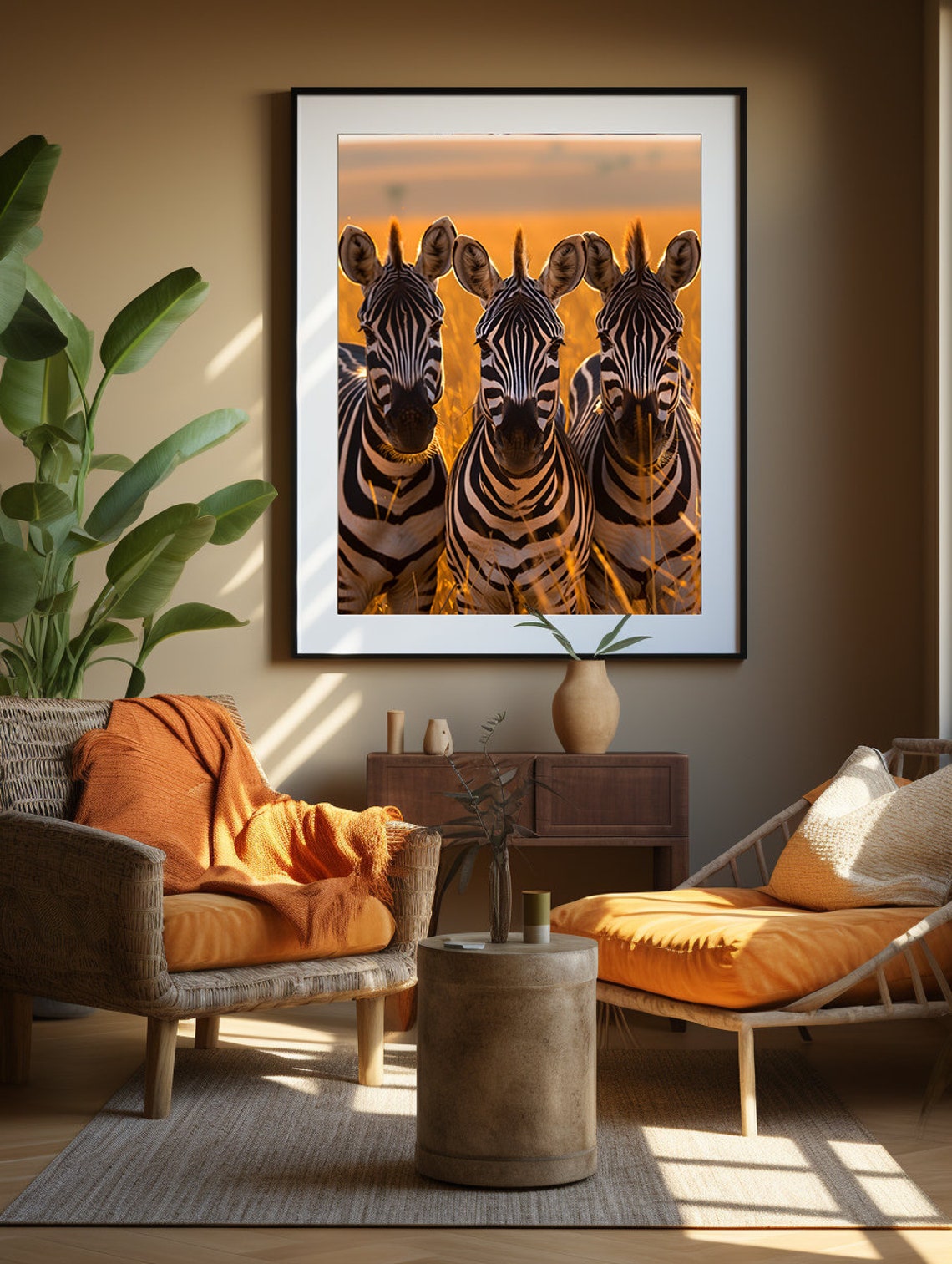 Three Zebras Facing Forward in Glowing Golden Savannah Light Poster - Image 5