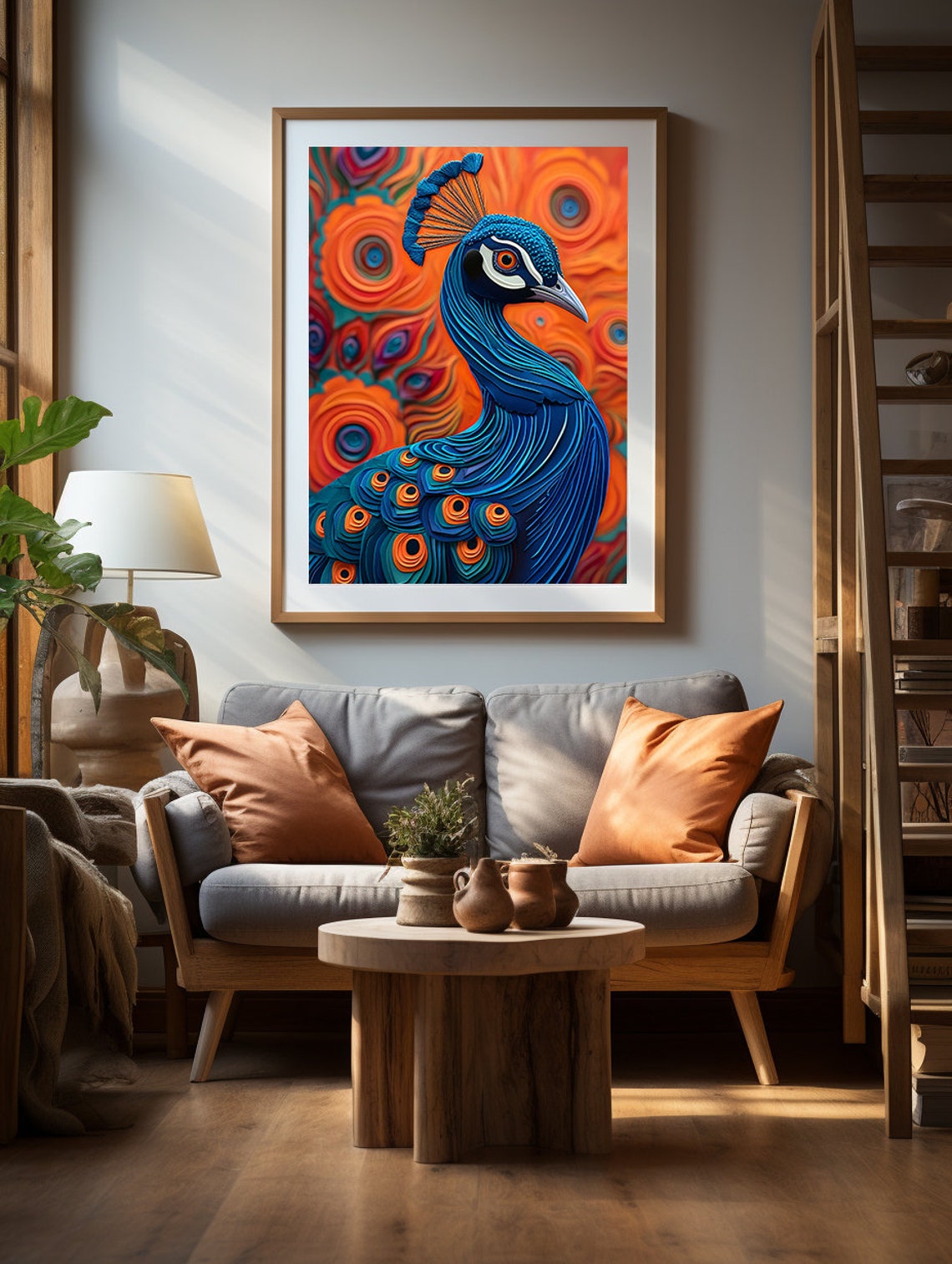 Stylized Blue Peacock Set Against a Swirling Orange Sky Poster