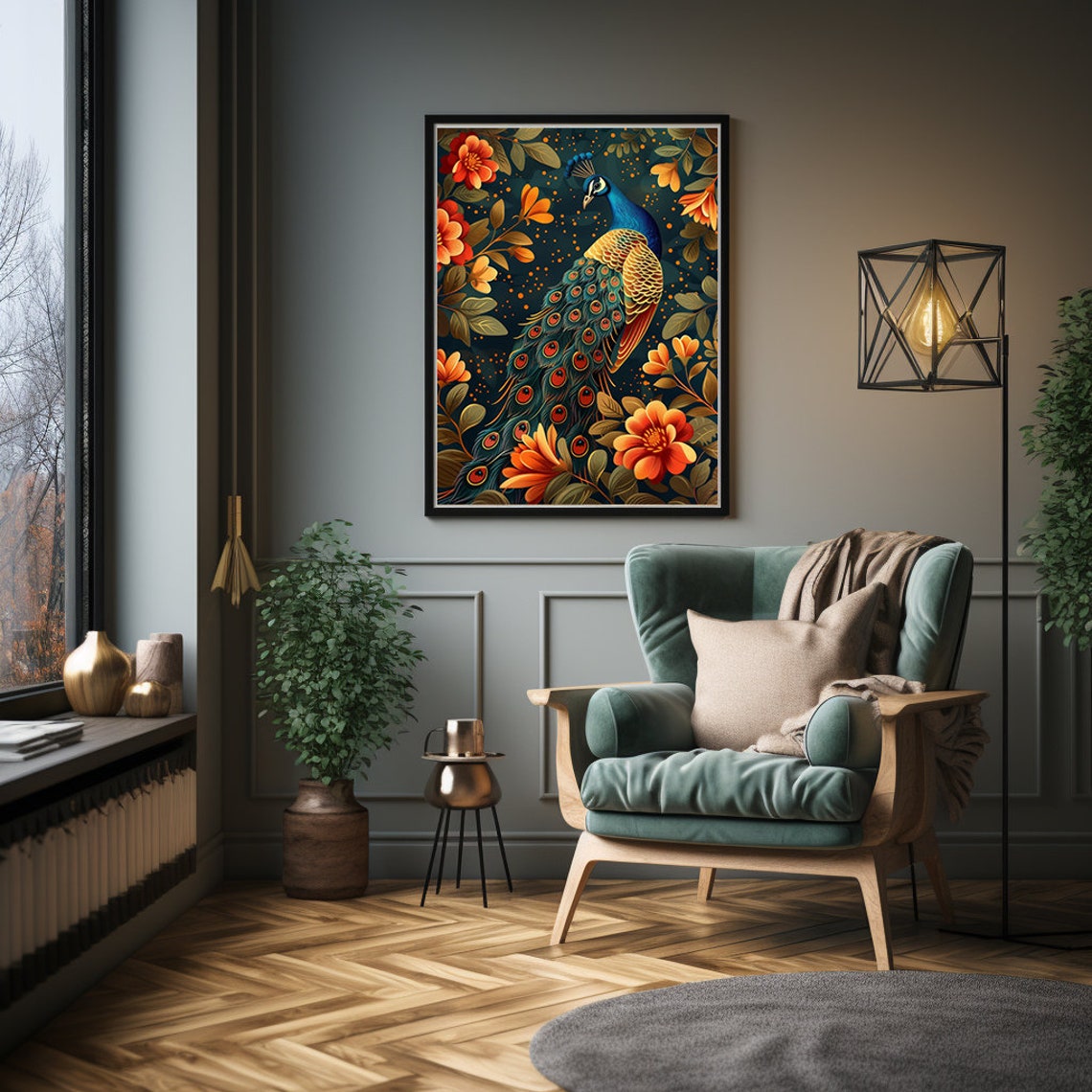Teal Peacock With Glowing Orange Flowers on Midnight Blue Poster - Image 4