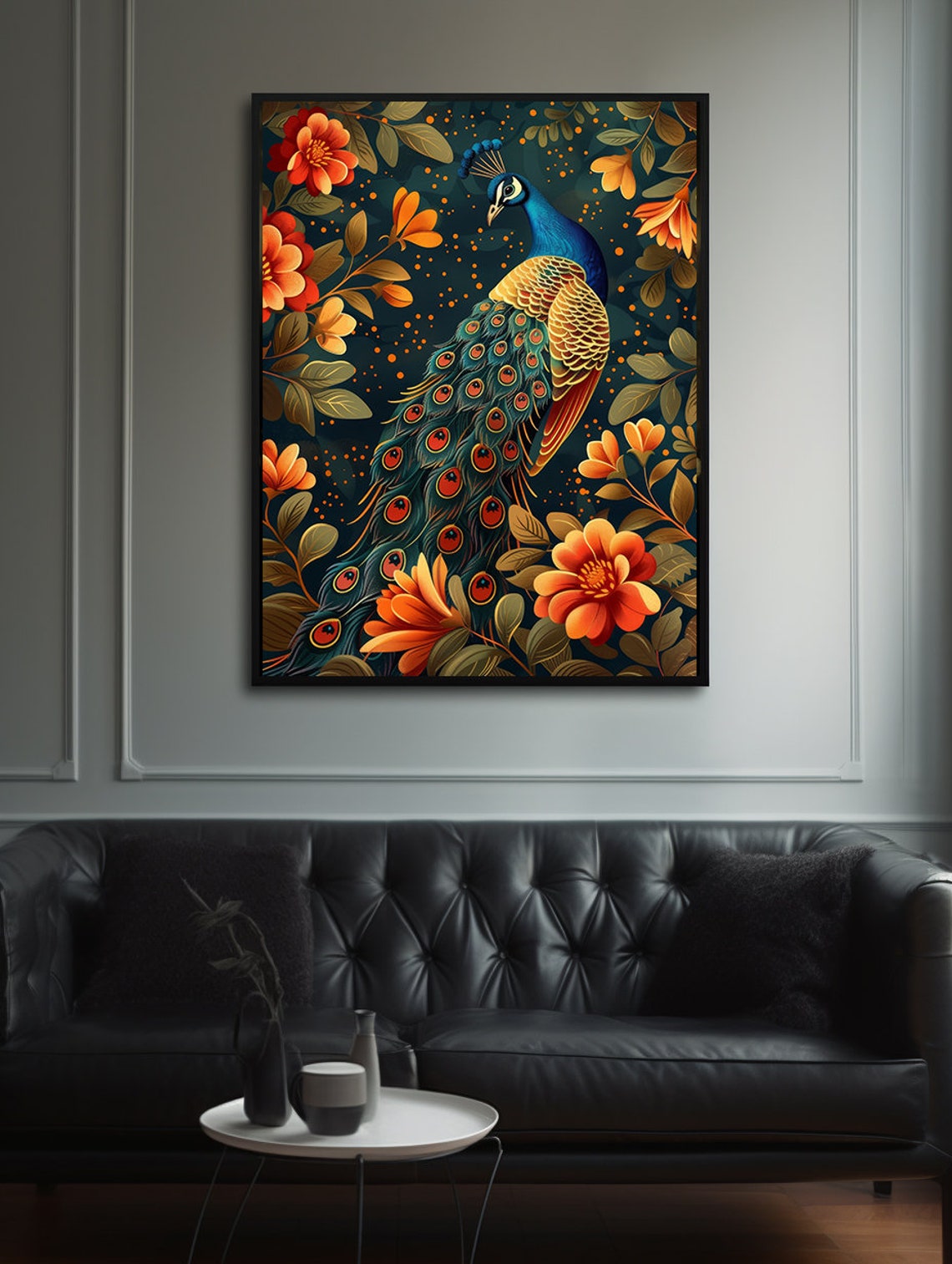 Teal Peacock With Glowing Orange Flowers on Midnight Blue Poster