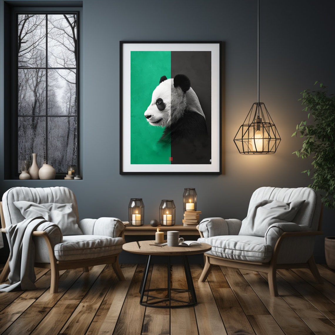 Panda Profile Against a Split Green and Black Modern Background Poster - Image 3