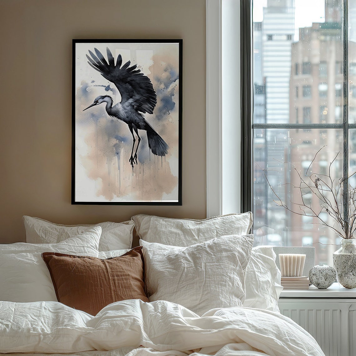 Great Crane in Flight in Soft Ink Wash Watercolor Style Poster - Image 3