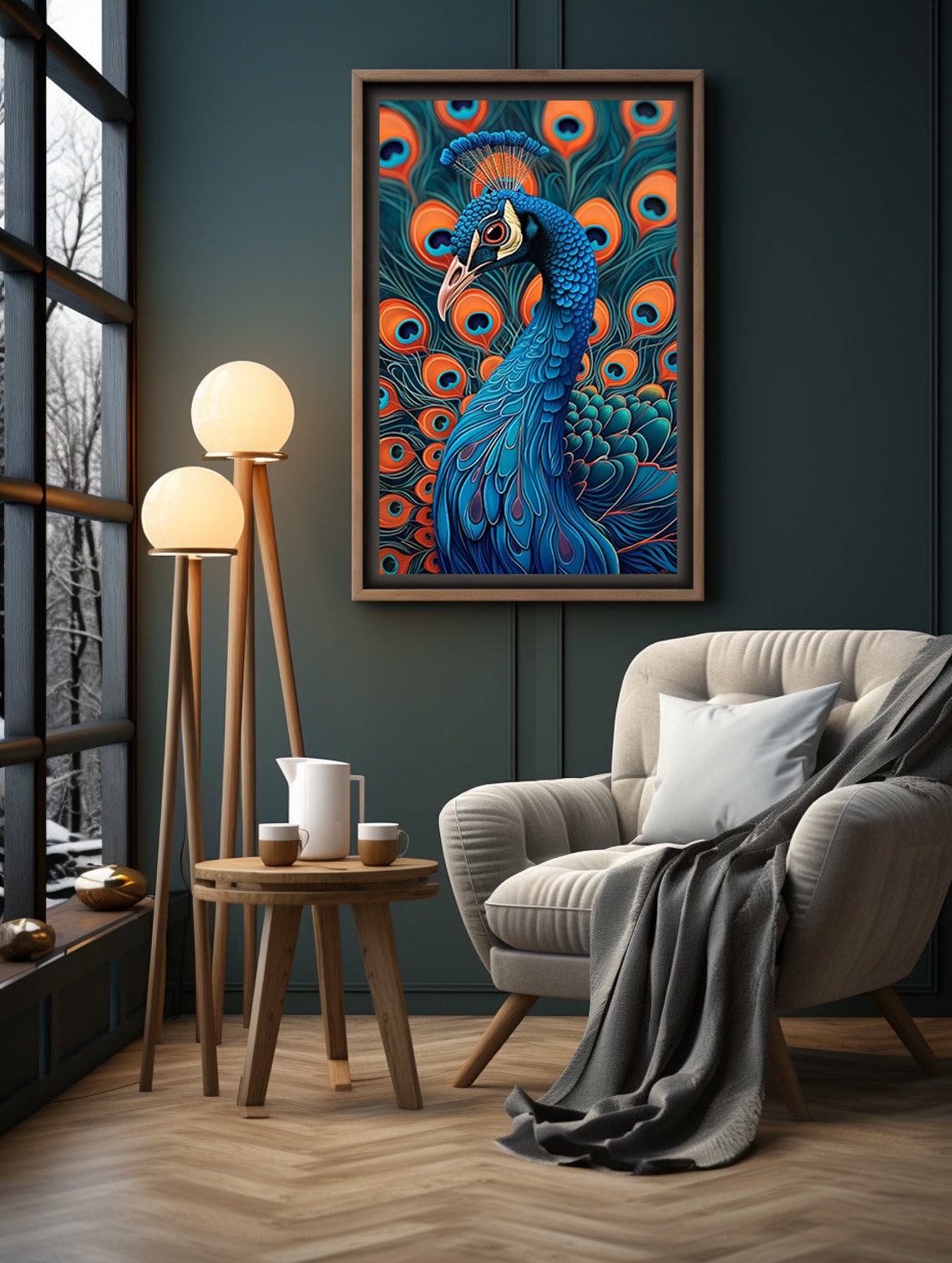 Blue Peacock Head Rising Over a Turquoise Feather Fan Poster - Image 6