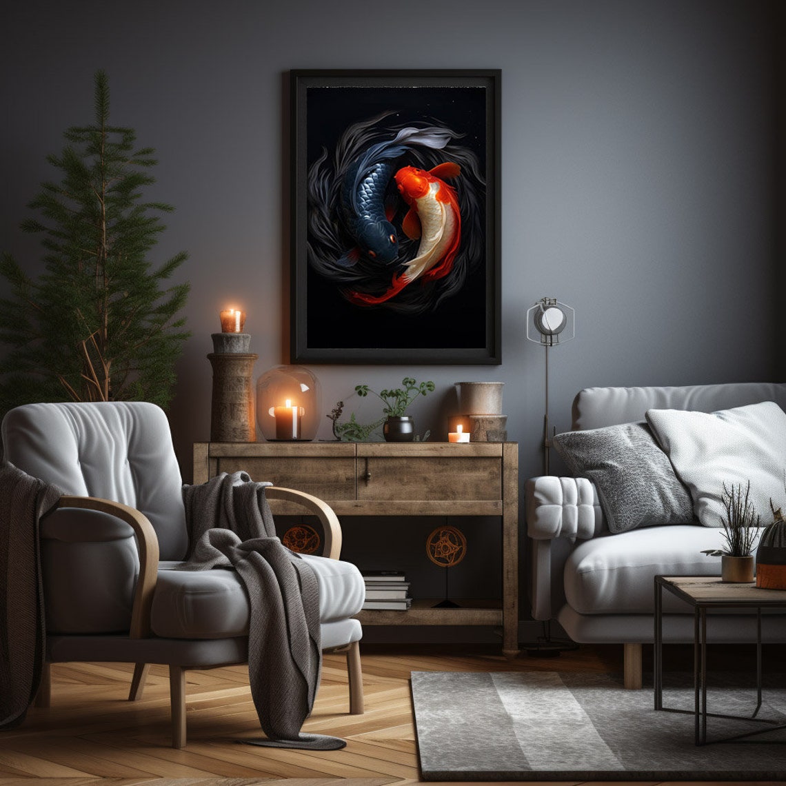 Yin Yang Pair of Koi Fish Swimming on a Black Background Poster - Image 4