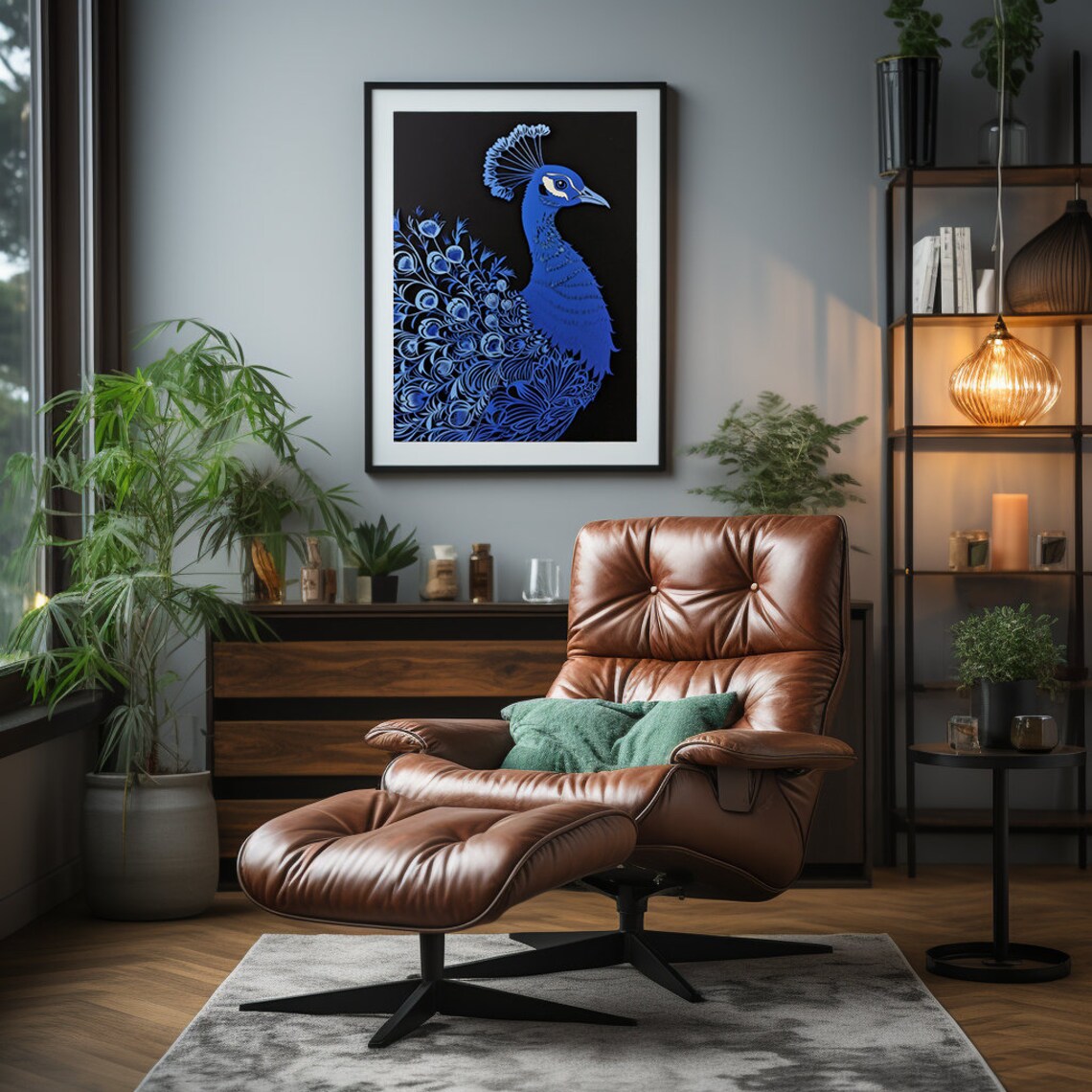 Royal Blue Peacock in Intricate Paper Cut Silhouette on Black Poster - Image 7