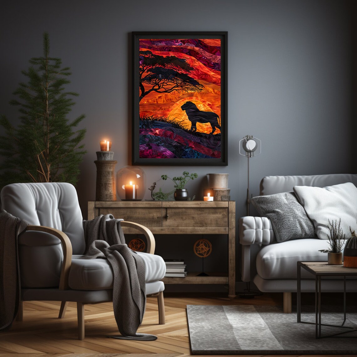 Lion Silhouette at Sunset in a Layered Paper Cut Savanna Poster - Image 3