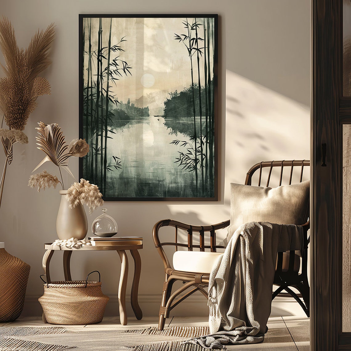 Misty Bamboo Forest Lake Glowing Softly at Golden Sunrise Poster - Image 4