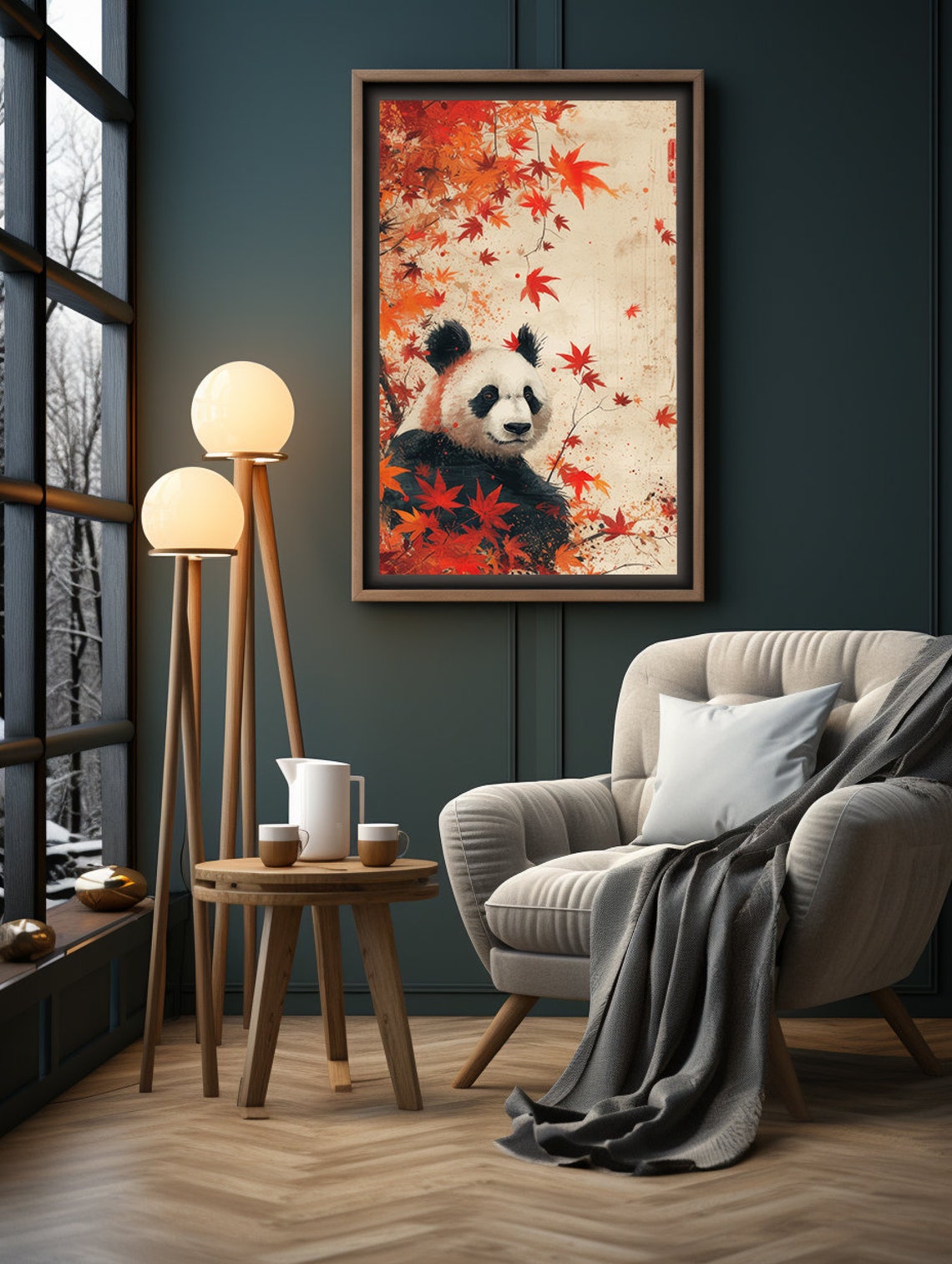 Panda Among Falling Red Maple Leaves in Vintage Asian Style Poster - Image 5