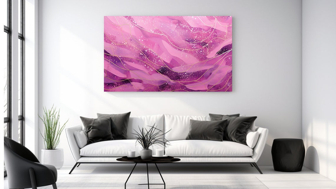 Pink Abstract Painting Gold Lines Magenta Watercolor Modern Poster