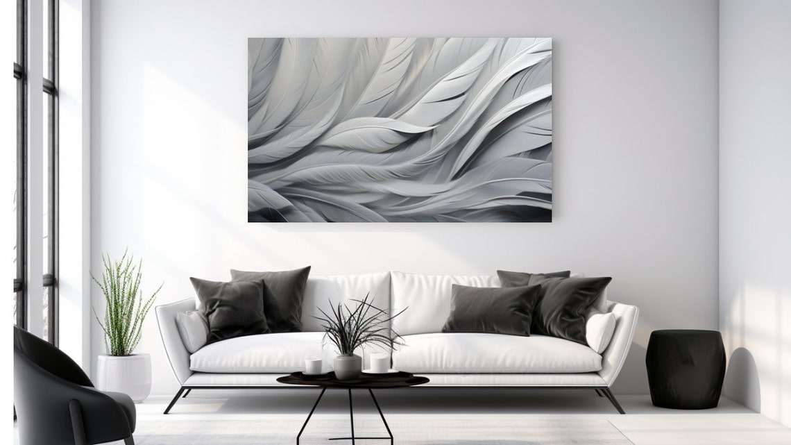 Silver Gray Feather Swirl Abstract Elegant Monochrome Wall Art Poster