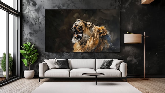 Roaring Lion Head Golden Watercolor on Black Bold Powerful Wildlife Wall Art Poster
