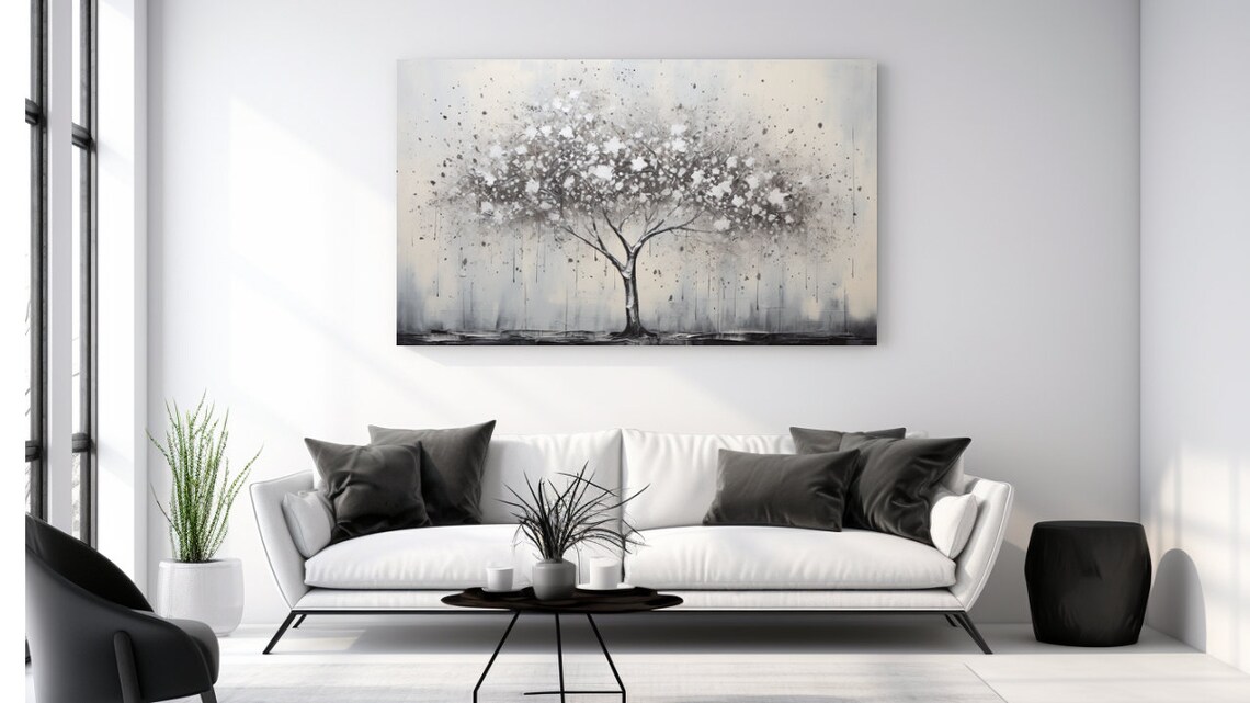 Silver Tree Painting, Aesthetic Luxury Home Art Print