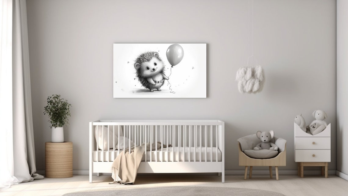 Hedgehog Holding Grey Balloon Black White Sketch Nursery Wall Art