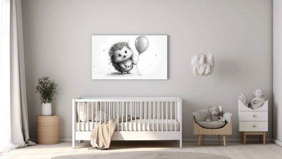 Hedgehog Holding Grey Balloon Black White Sketch Nursery Wall Art