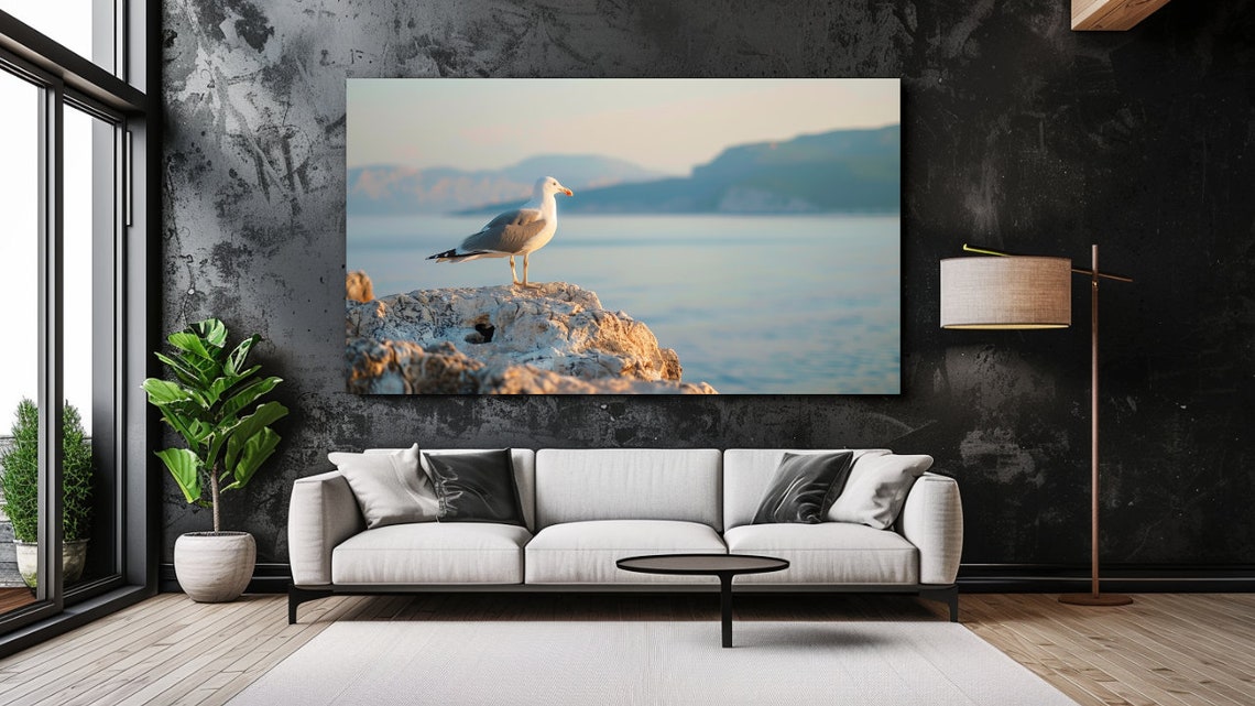 Seagull Perched On Coastal Rock At Dawn Calm Pastel Sea Wall Art