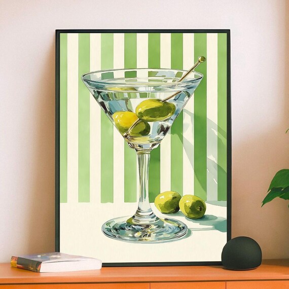 Martini Glass With Green Olives Retro Cocktail Bar Decor Poster