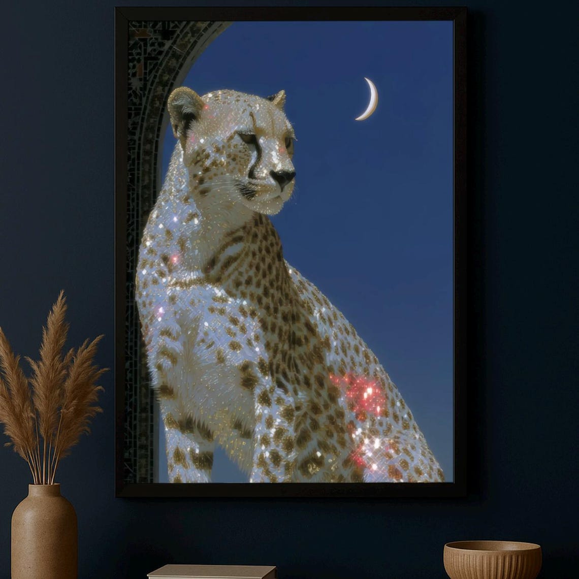 Elegant Leopard Wall Art With Crescent Moon Mystical Animal Poster Print Sparkly Cheetah Room Decor For Nature Lovers