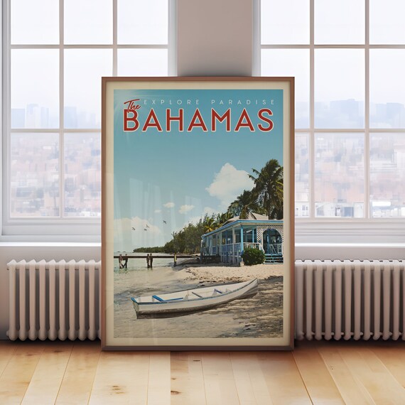 Bahamas Explore Paradise Beach Palm Trees Boat Travel Poster
