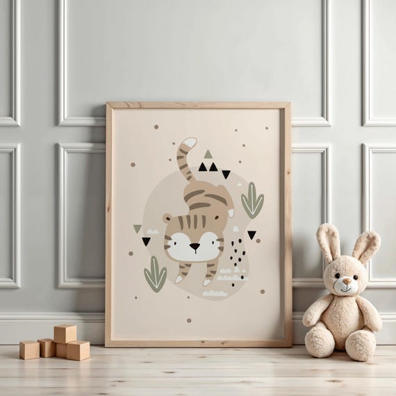 Nursery Poster Tiger Jungle Animal Prints Kids Room Art Beige Sage Baby Gift Not Framed