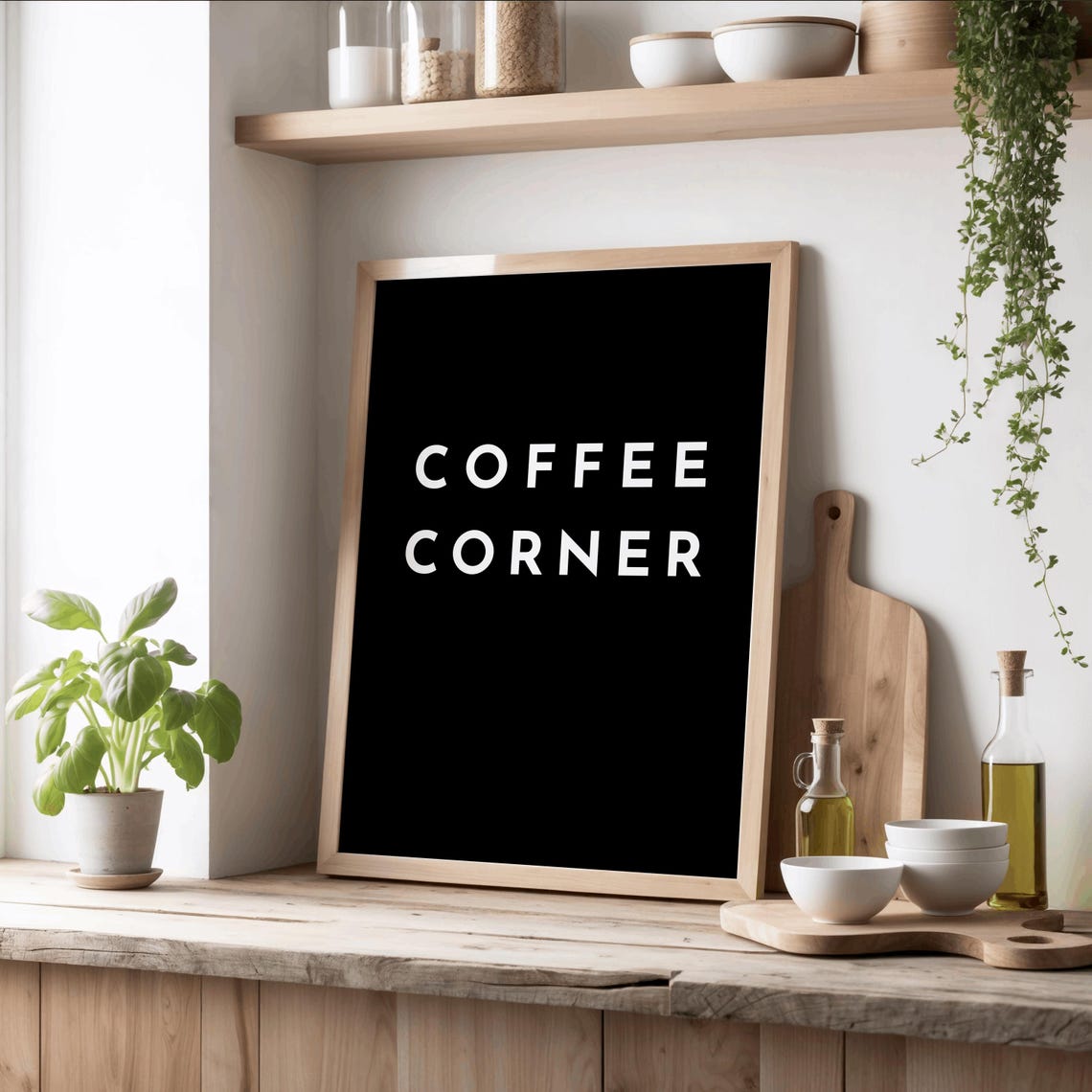 Coffee Corner Print Black And White Typography Minimalistic For Kitchen Or Bar