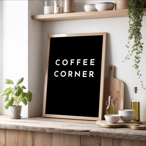 Coffee Corner Print Black And White Typography Minimalistic For Kitchen Or Bar