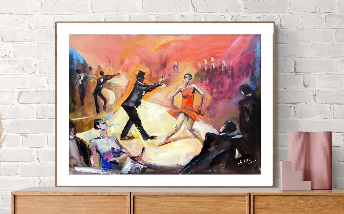 Dancing Couple Expressionist Nightclub Painting in Warm Red Wall Art