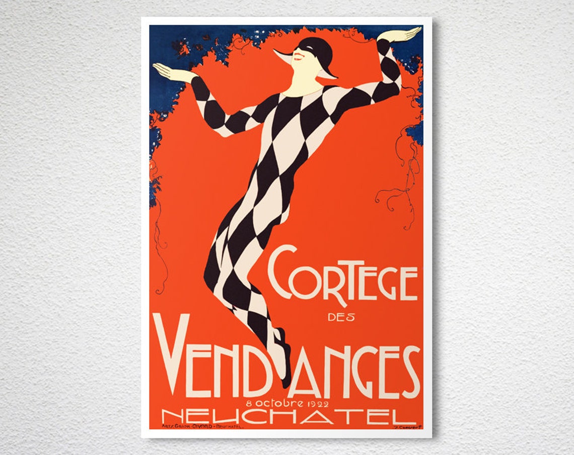 Cortege des Vendanges Neuchatel 1922 Harlequin Vintage Poster - Image 2
