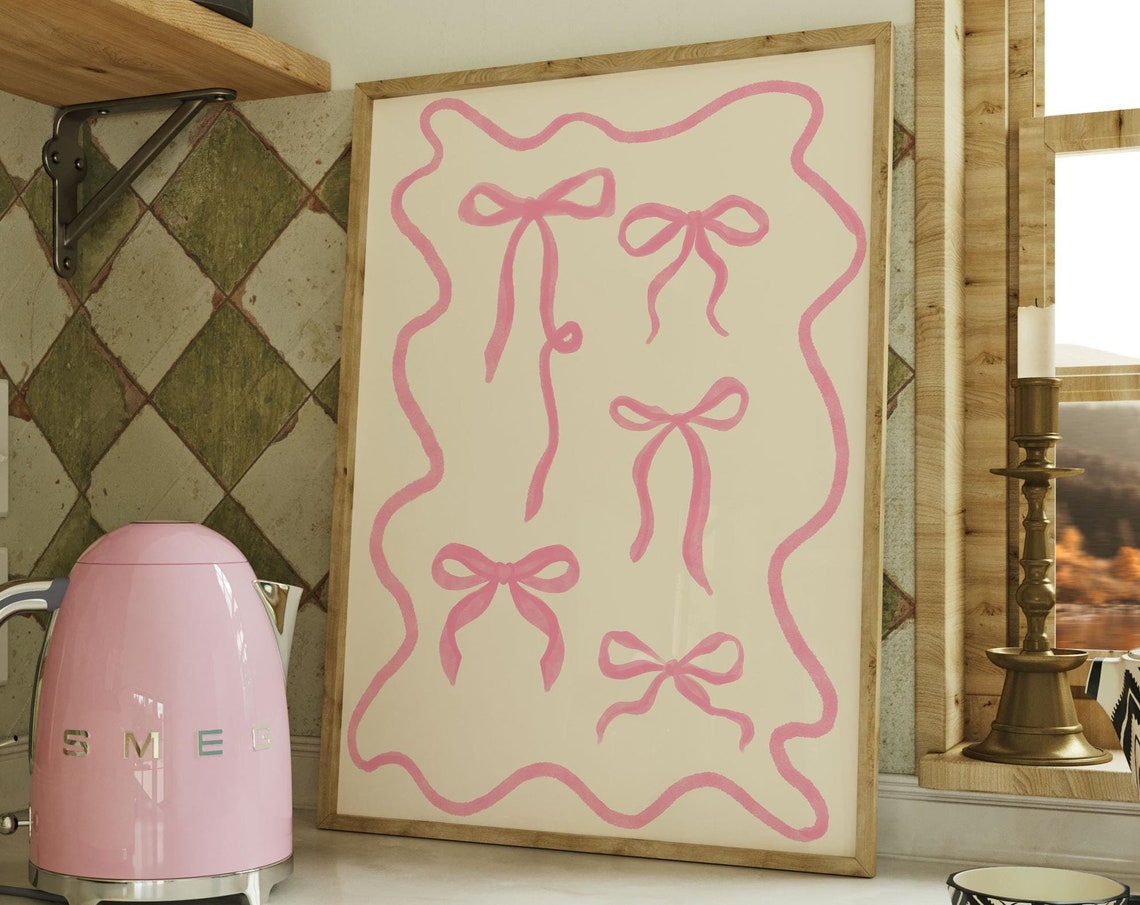 Trendy Coquette Pink Bow Wall Art Aesthetic Soft Girl Decor Girly Vintage Art