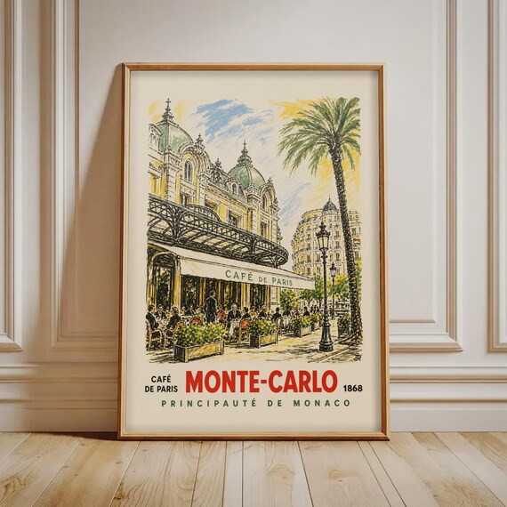 Monte Carlo Print Cafe De Paris Poster Vintage French Riviera Travel Art Monaco Wall Decor
