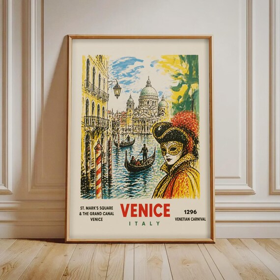 Venice Carnival Print Vintage Italy Travel Poster Gondola And Mask Wall Art Colorful European Home Decor