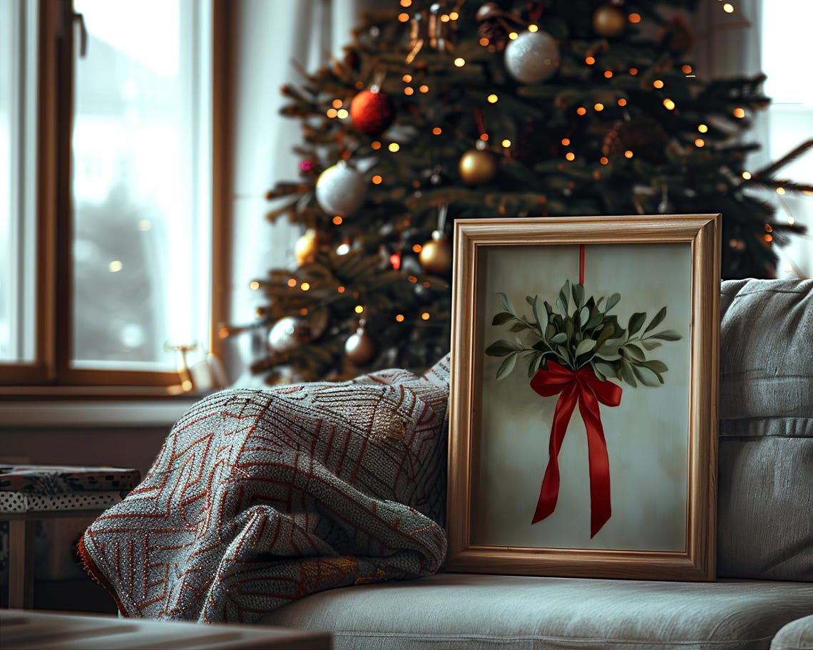 Vintage Mistletoe Red Ribbon Bow Winter Farmhouse Holiday Poster - Image 2