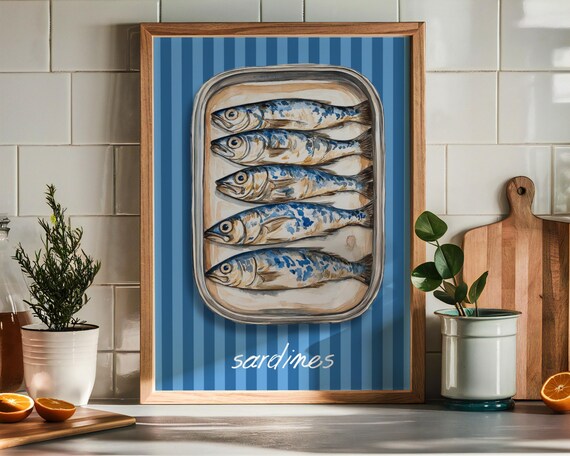 Tinned Sardines Painting Print Kitchen Poster Sardine Tin Art Retro Fish Wall Art Print Sardines Poster Sea Life Wall Art
