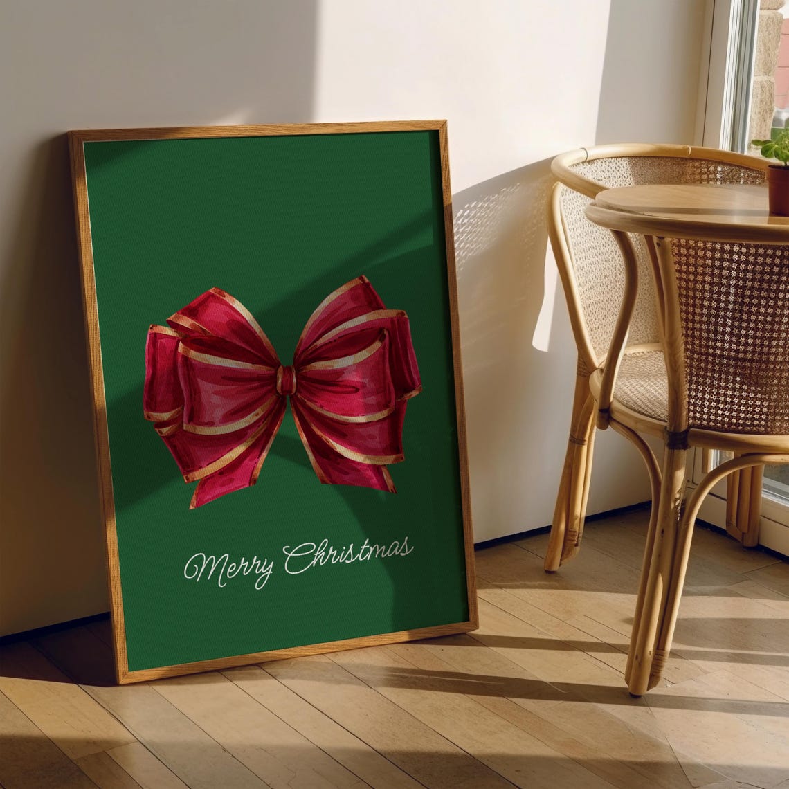 Merry Christmas Red Gold Bow Green Background Holiday Poster - Image 2