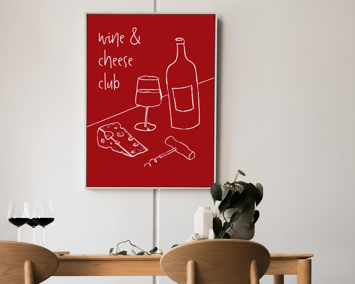 Wine and Cheese Club Red Line Art Minimalist Modern Kitchen Poster - Image 2