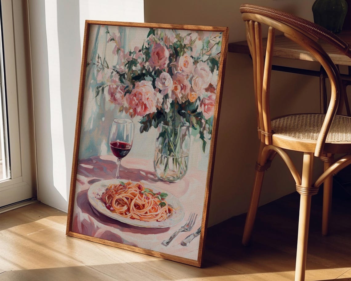 Spaghetti Wine Glass Roses Watercolor Italian Kitchen Table Poster - Image 4