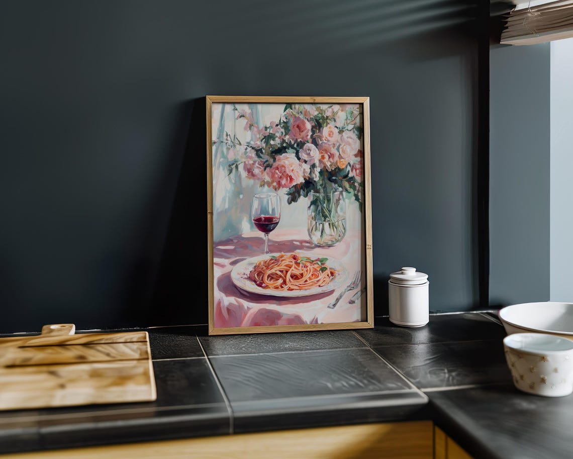 Spaghetti Wine Glass Roses Watercolor Italian Kitchen Table Poster - Image 5
