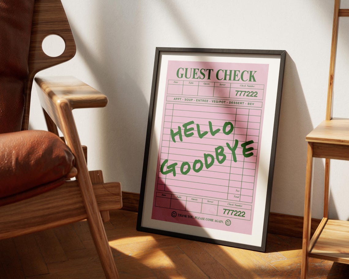 Hello Goodbye Pink Green Guest Check Retro Trendy Quote Poster - Image 2