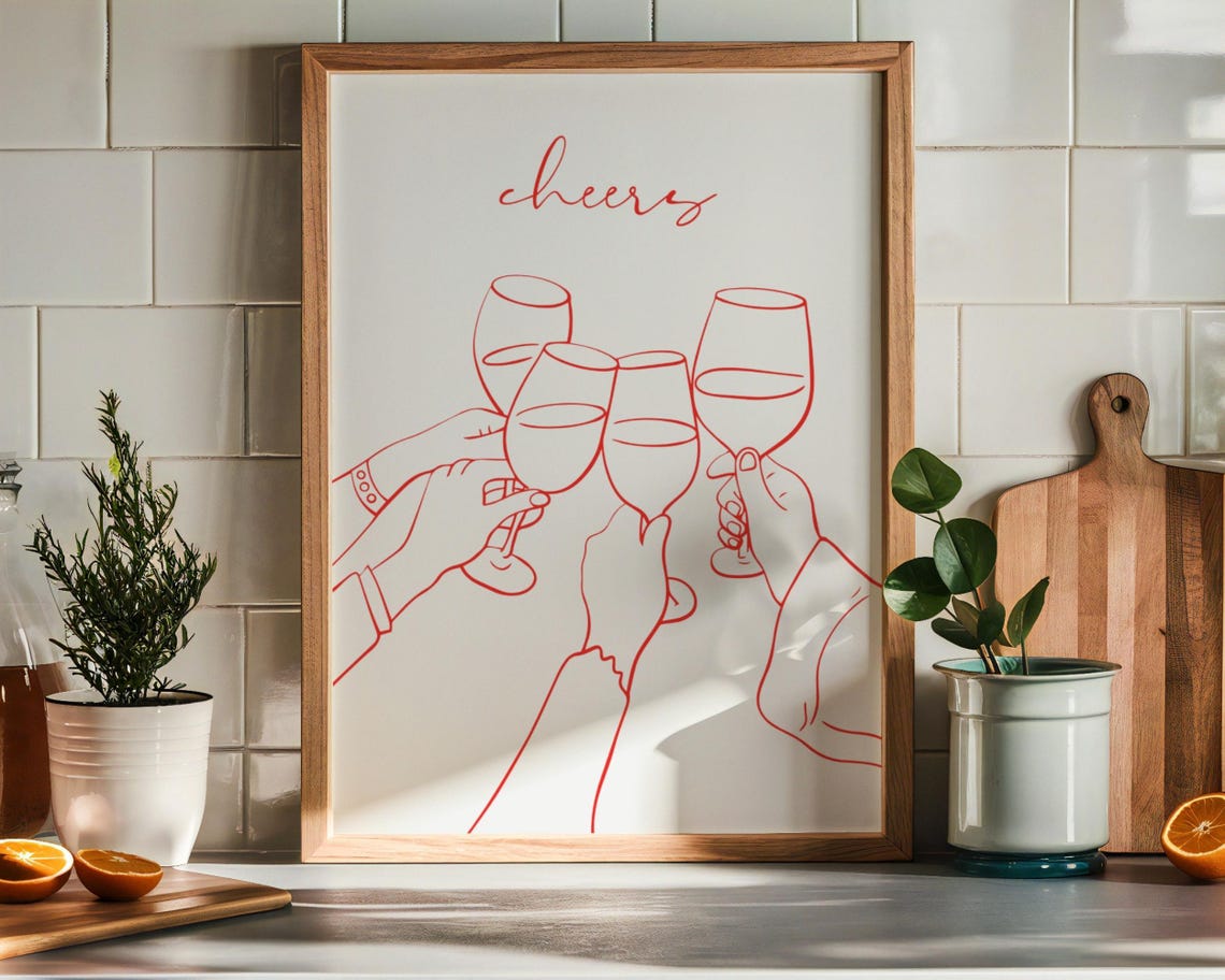 Cheers Wine Glasses Red Line Art Minimalist Kitchen Bar Poster
