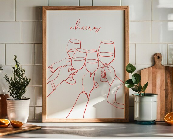 Cheers Wine Glasses Red Line Art Minimalist Kitchen Bar Poster