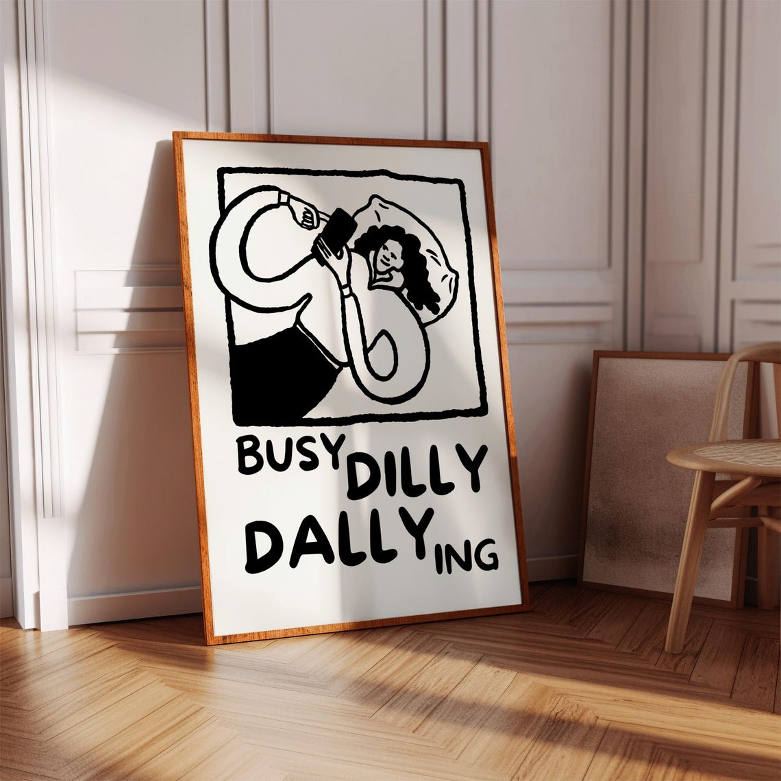 Busy Dilly Dallying Funny Lazy Day Bed Rest Line Drawing Poster - Image 5